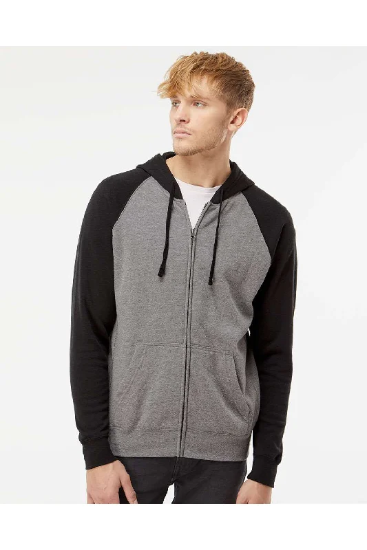 Men's retro hoodie-Independent Trading Co. Mens Special Blend Raglan Full Zip Hooded Sweatshirt Hoodie w/ Pockets - Heather Nickel Grey/Black - Closeout