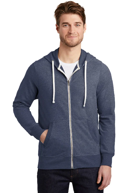 Men's vintage hoodie-District Mens Perfect French Terry Full Zip Hooded Sweatshirt Hoodie w/ Pockets - New Navy Blue