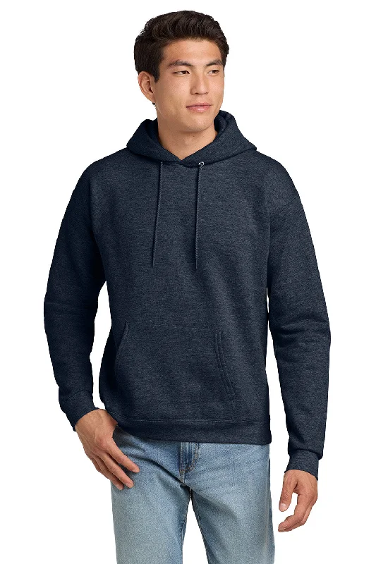 Men's casual pullover-Hanes Mens EcoSmart Print Pro XP Pill Resistant Hooded Sweatshirt Hoodie w/ Pouch Pocket - Heather Navy Blue