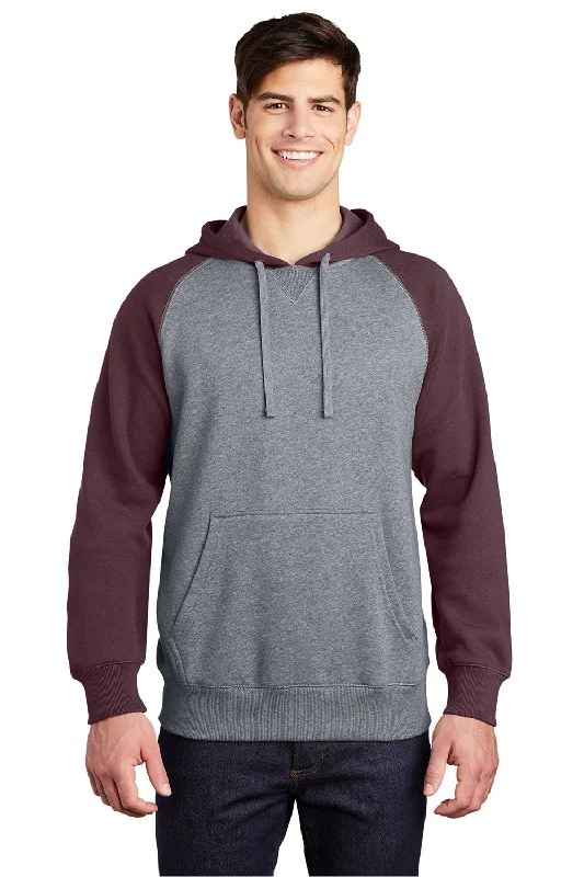 Men's concert hoodie-Sport-Tek Mens Shrink Resistant Fleece Hooded Sweatshirt Hoodie w/ Pouch Pocket - Heather Vintage Grey/Maroon