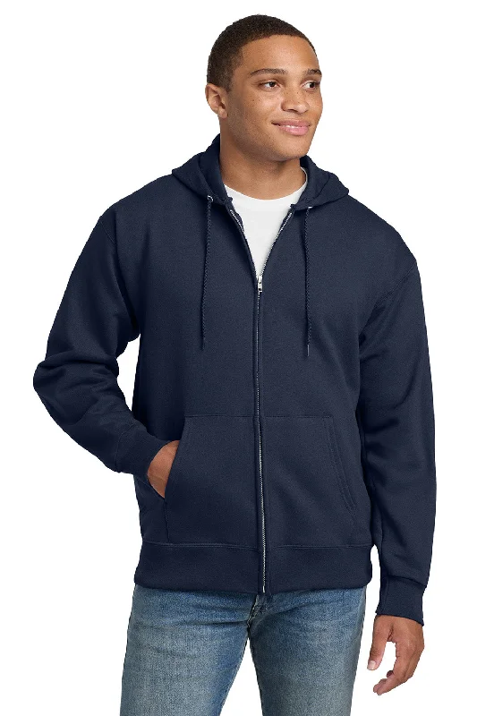 Men's biking hoodie-Hanes Mens Ultimate Cotton PrintPro XP Pill Resistant Full Zip Hooded Sweatshirt Hoodie w/ Pockets - Navy Blue