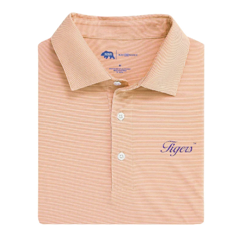 Men's summer polo shirt-Tigers Vintage Script Hairline Stripe Performance Polo - Orange