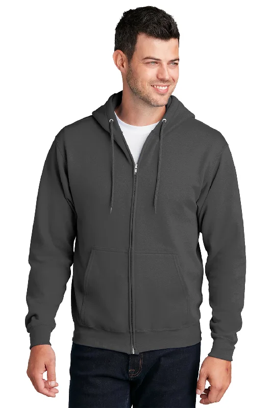 Men's plain hoodie-Port & Company Mens Core Pill Resistant Fleece Full Zip Hooded Sweatshirt Hoodie w/ Pockets - Charcoal Grey