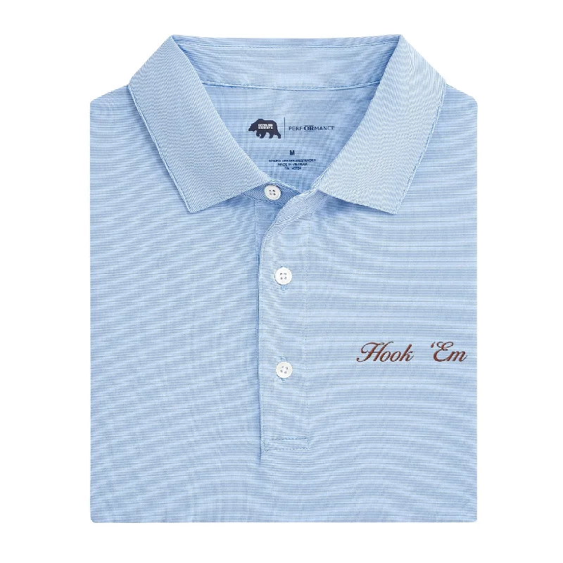 Men's trendy polo shirt-Hook 'Em Vintage Script Hairline Stripe Performance Polo - Sky