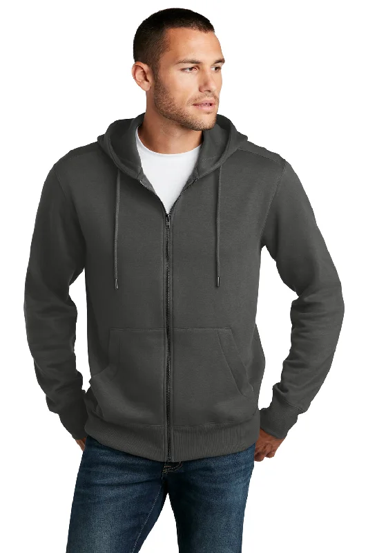 Men's tennis hoodie-District Mens Perfect Weight Fleece Full Zip Hooded Sweatshirt Hoodie w/ Pockets - Charcoal Grey