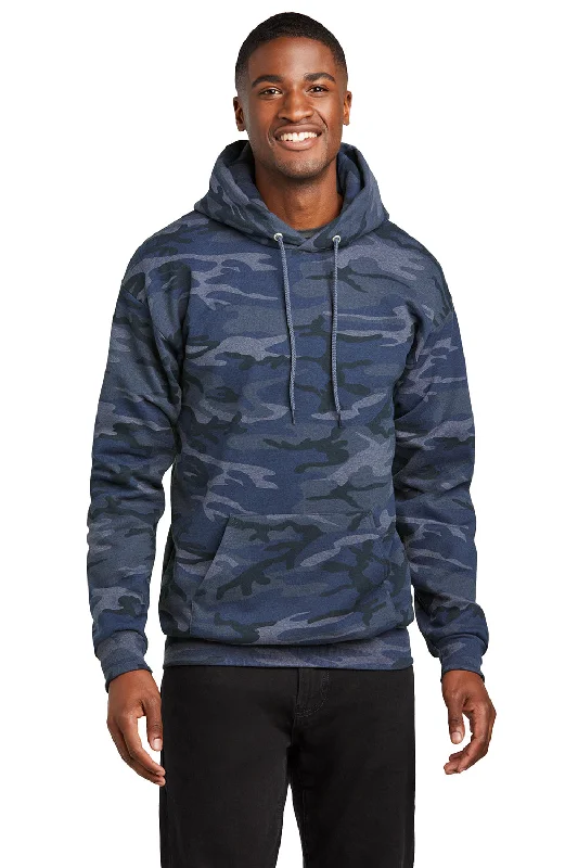 Men's must-have hoodie-Port & Company Mens Core Pill Resistant Fleece Hooded Sweatshirt Hoodie w/ Pouch Pocket - Heather Navy Blue Camo