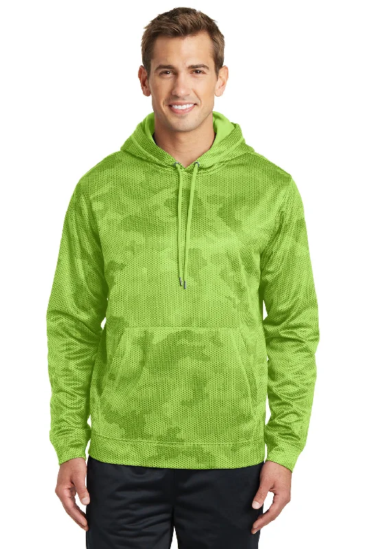 Men's summer hoodie-Sport-Tek Mens Sport-Wick CamoHex Moisture Wicking Fleece Hooded Sweatshirt Hoodie w/ Pouch Pocket - Lime Shock Green - Closeout