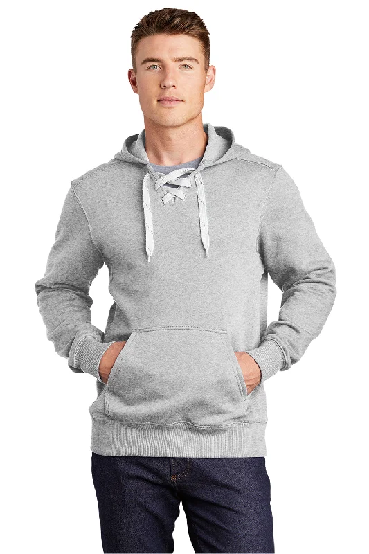 Men's pajama hoodie-Sport-Tek Mens Lace Up Fleece Hooded Sweatshirt Hoodie w/ Pouch Pocket - Heather Grey