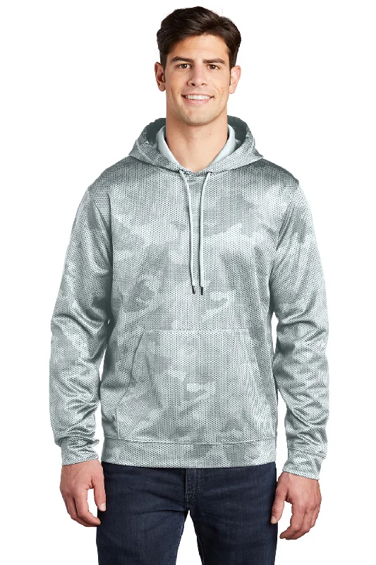 Men's camping hoodie-Sport-Tek Mens Sport-Wick CamoHex Moisture Wicking Fleece Hooded Sweatshirt Hoodie w/ Pouch Pocket - White