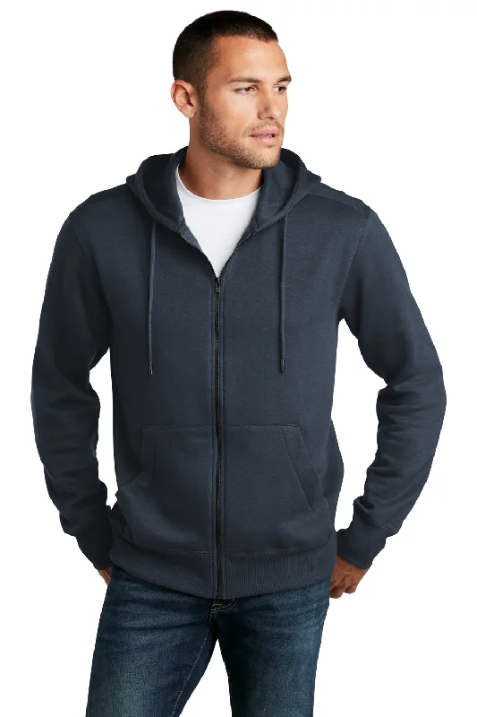 Men's golf hoodie-District Mens Perfect Weight Fleece Full Zip Hooded Sweatshirt Hoodie w/ Pockets - New Navy Blue