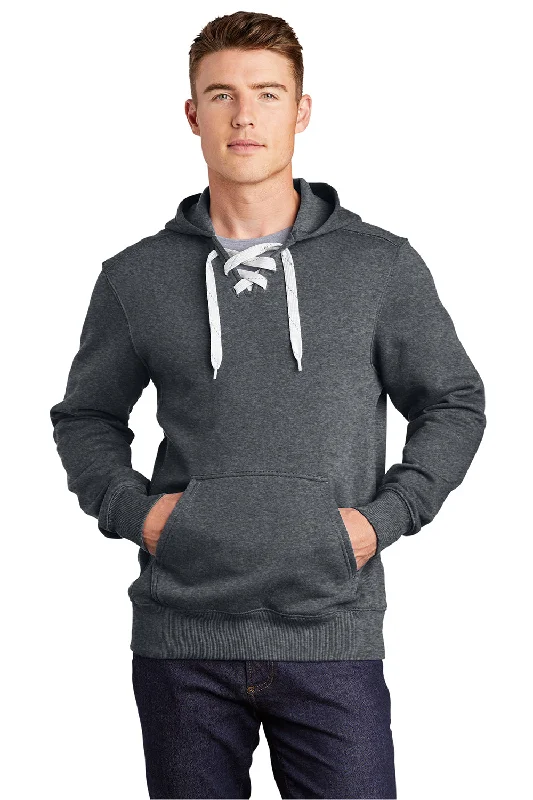 Men's adventure hoodie-Sport-Tek Mens Lace Up Fleece Hooded Sweatshirt Hoodie w/ Pouch Pocket - Heather Graphite Grey