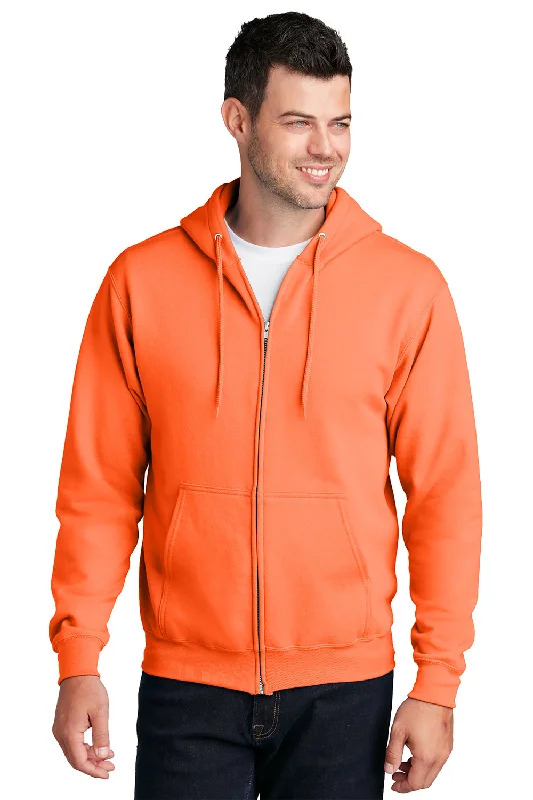 Men's heavyweight hoodie-Port & Company Mens Core Pill Resistant Fleece Full Zip Hooded Sweatshirt Hoodie w/ Pockets - Neon Orange