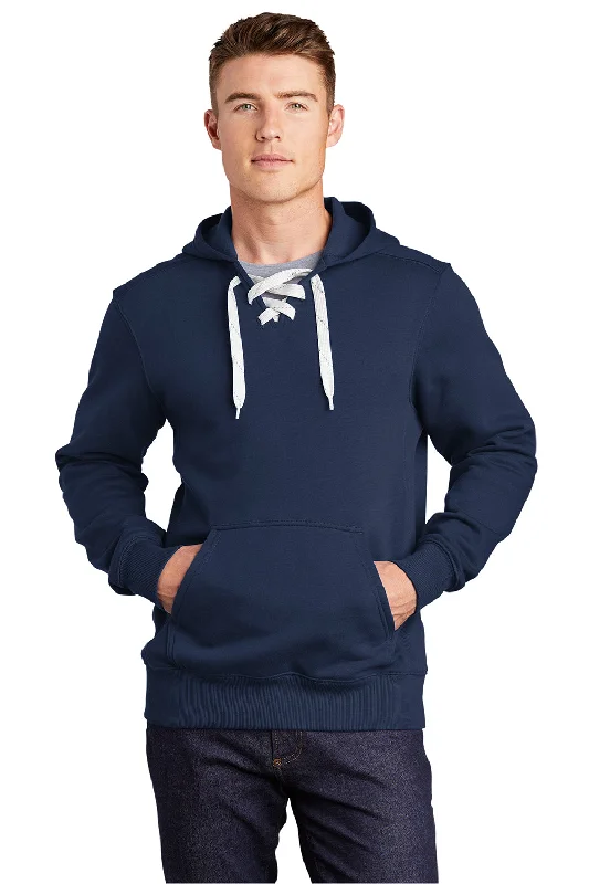 Men's outdoor hoodie-Sport-Tek Mens Lace Up Fleece Hooded Sweatshirt Hoodie w/ Pouch Pocket - True Navy Blue