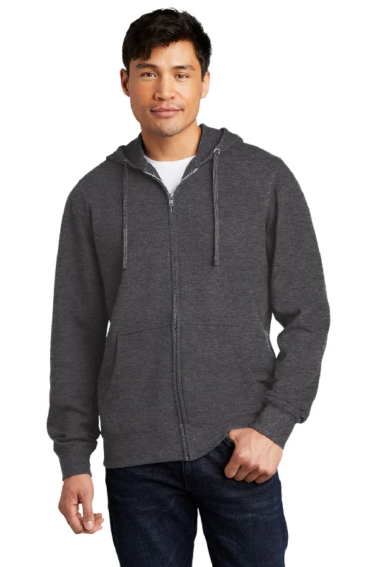 Men's baseball hoodie-District Mens Very Important Fleece Full Zip Hooded Sweatshirt Hoodie w/ Pockets - Heather Charcoal Grey