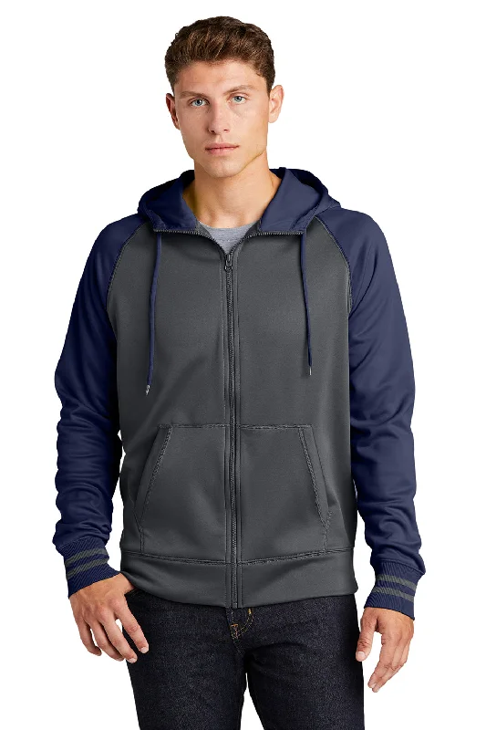 Men's hunting hoodie-Sport-Tek Mens Sport-Wick Moisture Wicking Fleece Hooded Sweatshirt Hoodie w/ Pouch Pocket - Dark Smoke Grey/Navy Blue