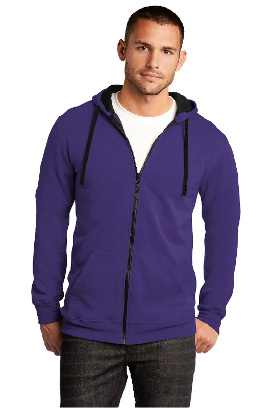 Men's basic hoodie-District Mens The Concert Fleece Full Zip Hooded Sweatshirt Hoodie w/ Pockets - Purple