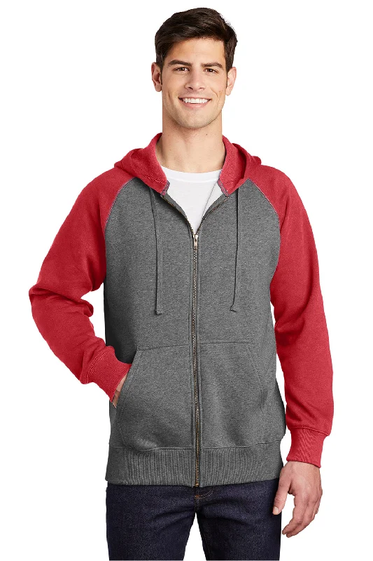 Men's festival hoodie-Sport-Tek Mens Shrink Resistant Fleece Full Zip Hooded Sweatshirt Hoodie w/ Pockets - Heather Vintage Grey/True Red