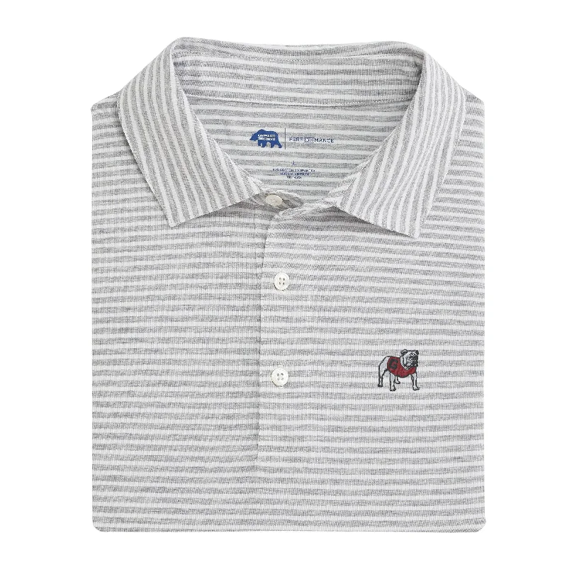 Men's resort polo shirt-Standing Bulldog Row Stripe Icon Polo - Heather Grey