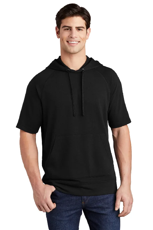 Men's basketball hoodie-Sport-Tek Mens Moisture Wicking Fleece Short Sleeve Hooded Sweatshirt Hoodie w/ Pouch Pocket - Black