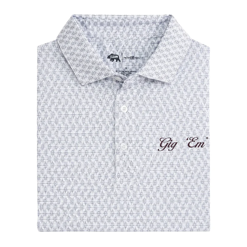 Men's striped polo shirt-Gig 'Em Vintage Script Tents Printed Performance Polo - White