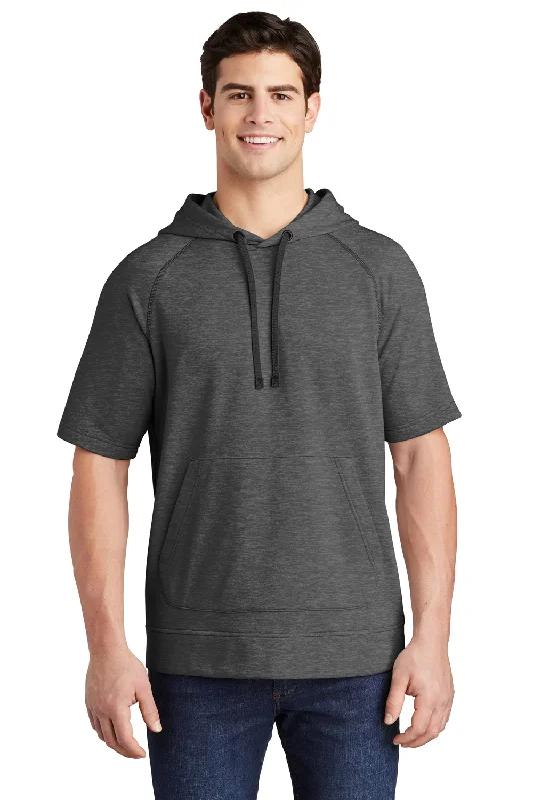 Men's cycling hoodie-Sport-Tek Mens Moisture Wicking Fleece Short Sleeve Hooded Sweatshirt Hoodie w/ Pouch Pocket - Heather Dark Grey