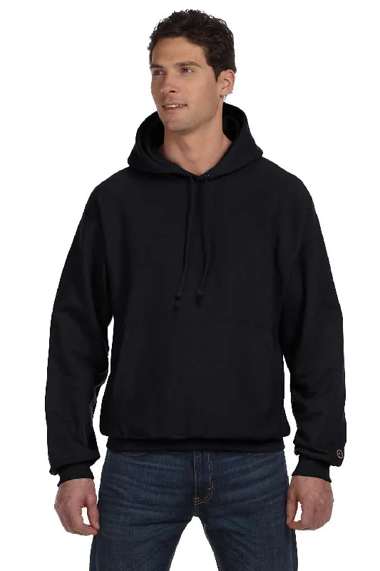 Men's sleep hoodie-Champion Mens Shrink Resistant Hooded Sweatshirt Hoodie w/ Pouch Pocket - Black