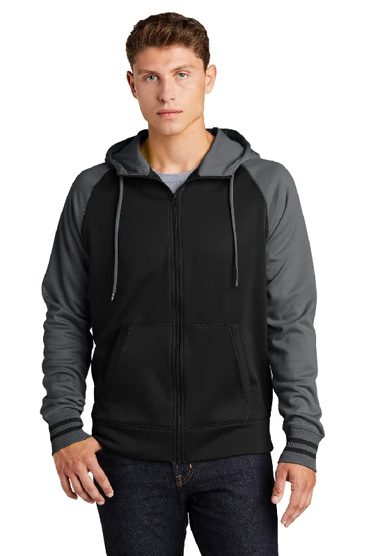 Men's club hoodie-Sport-Tek Mens Sport-Wick Moisture Wicking Fleece Hooded Sweatshirt Hoodie w/ Pouch Pocket - Black/Dark Smoke Grey