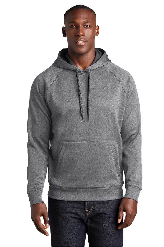 Men's hiking hoodie-Sport-Tek Mens Tech Moisture Wicking Fleece Hooded Sweatshirt Hoodie w/ Pouch Pocket - Heather Vintage Grey