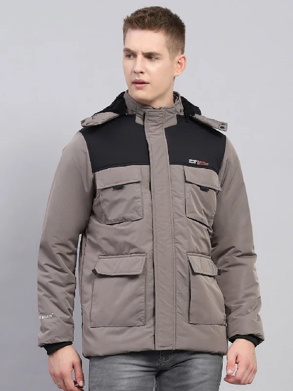 Men's sporty utility jacket-Men Grey Solid Detachable Hood Full Sleeve Jacket