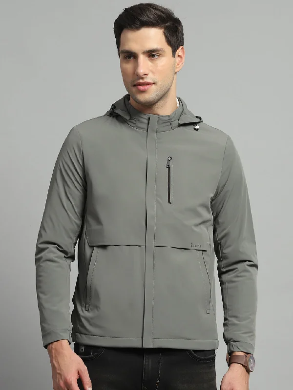 Men's gym-ready raincoat-Men Olive Solid Detachable Hood Full Sleeve Jacket