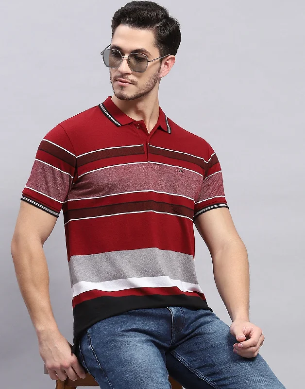 Men Maroon Stripe Polo Collar Half Sleeve T-Shirt