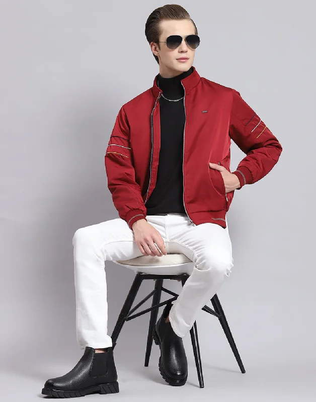 Men's durable field jacket-Men Maroon Solid Stand Collar Full Sleeve Jacket