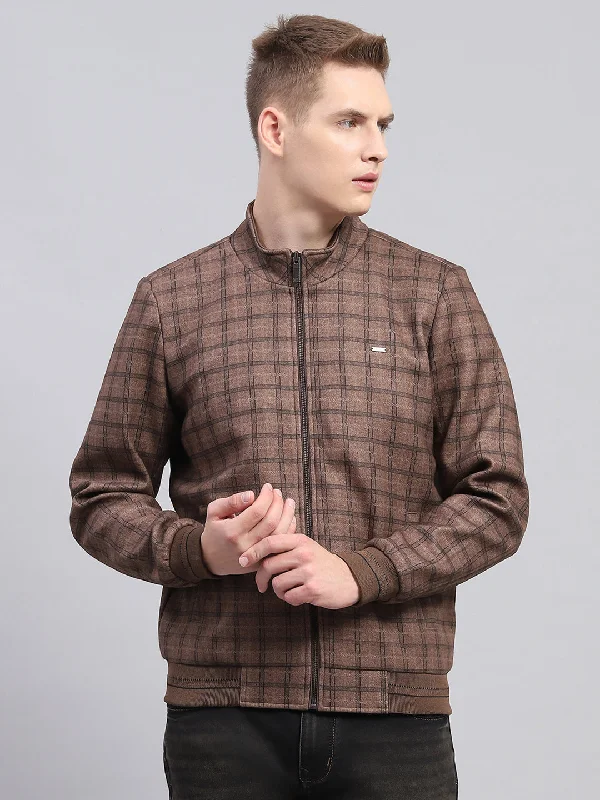 Men's weatherproof windbreaker-Men Brown Check Mock Neck Full Sleeve Jacket