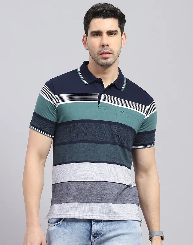 Men Navy Blue Stripe Polo Collar Half Sleeve T-Shirt