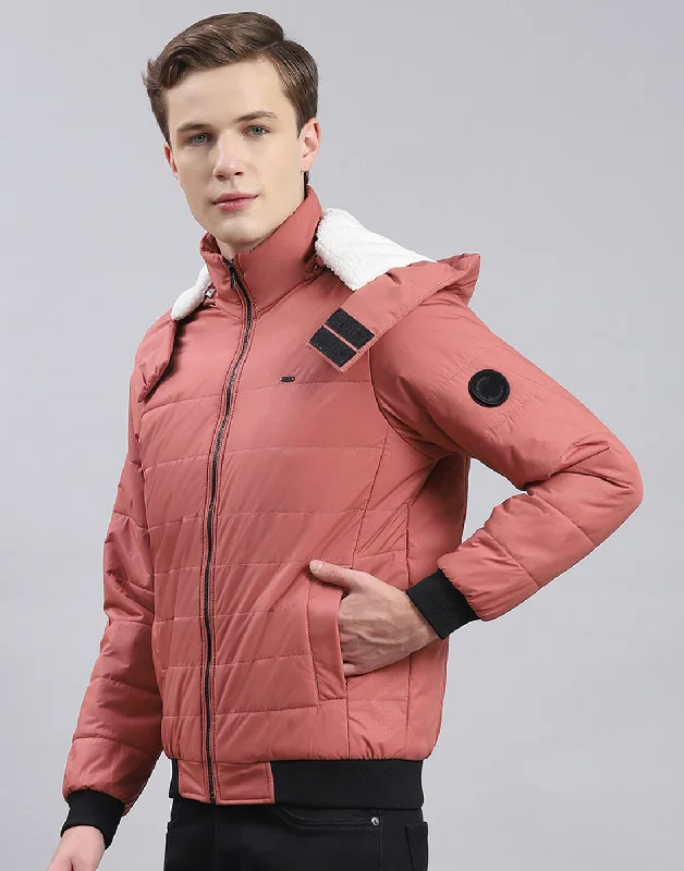 Men's breathable utility coat-Men Pink Solid Hooded Full Sleeve Jacket