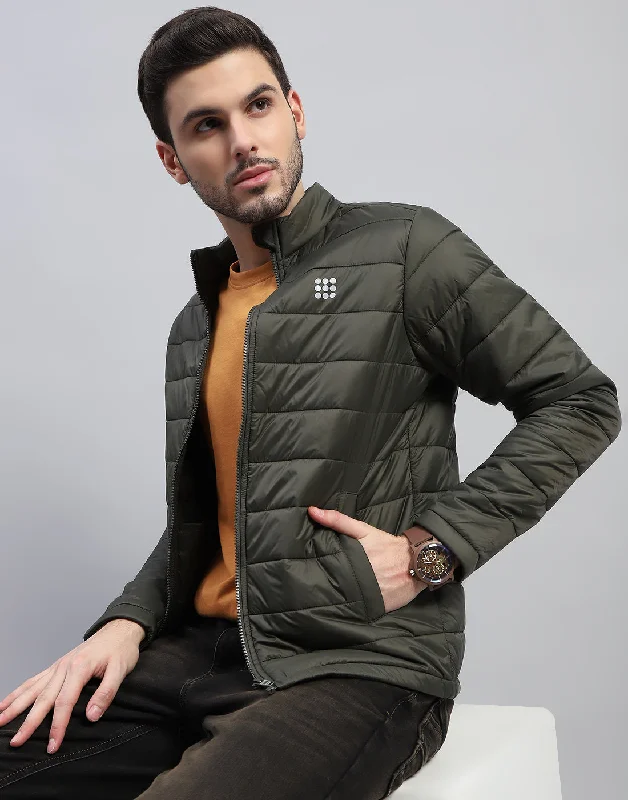 Men's summer field jacket-Men Olive Solid Band Collar Full Sleeve Jacket