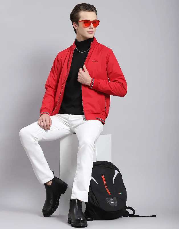 Men's comfortable leather jacket-Men Red Solid Stand Collar Full Sleeve Jacket