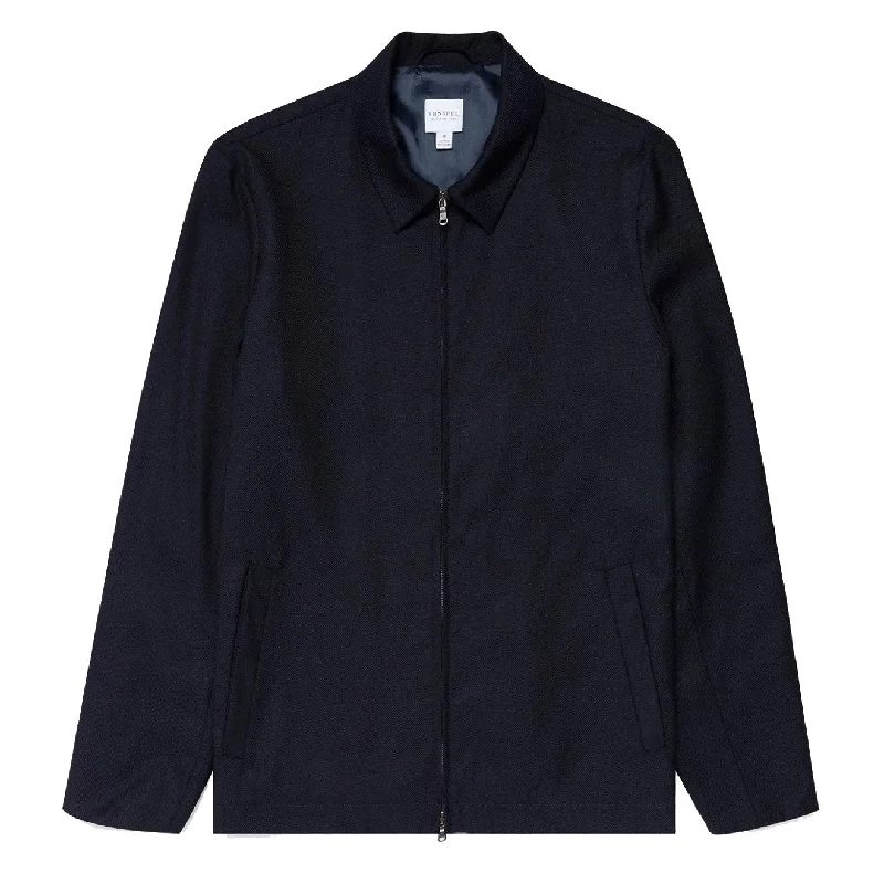 Men's sustainable softshell coat-Sunspel Travel Wool Harrington Jacket Navy