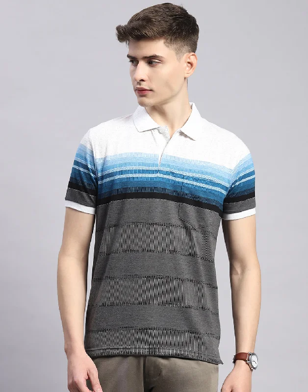 Men Grey Stripe Polo Collar Half Sleeve T-Shirt