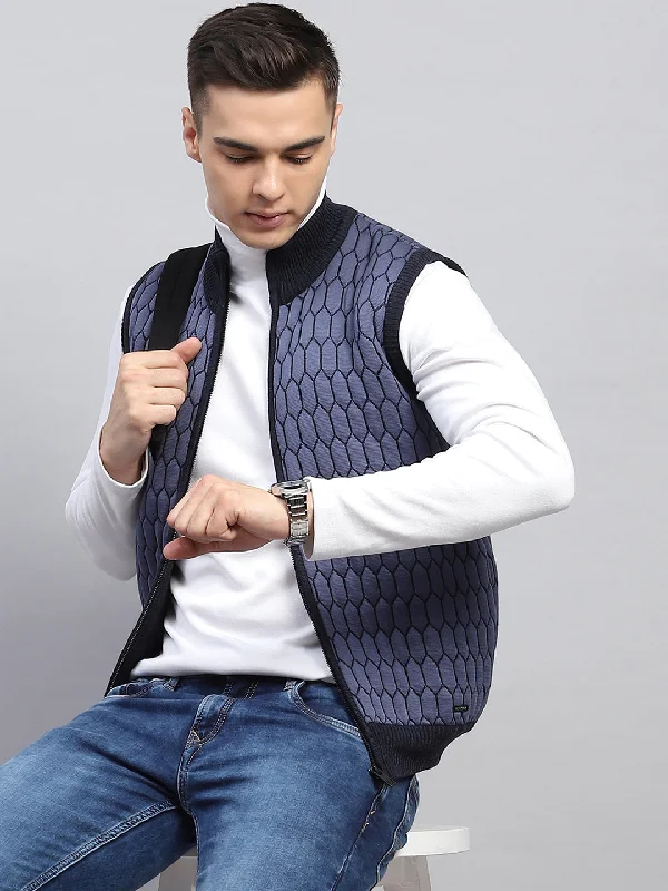 Men's summer softshell jacket-Men Navy Blue Self Design Mock Neck Sleeveless Jacket