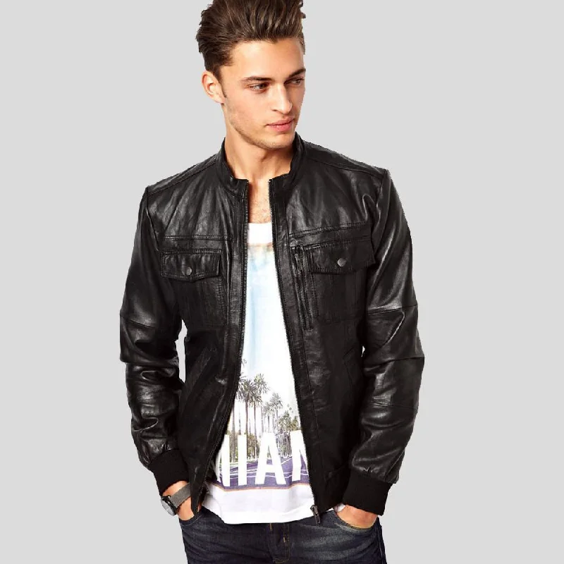 Men's antibacterial windbreaker-Reggie Black Bomber Leather Jacket