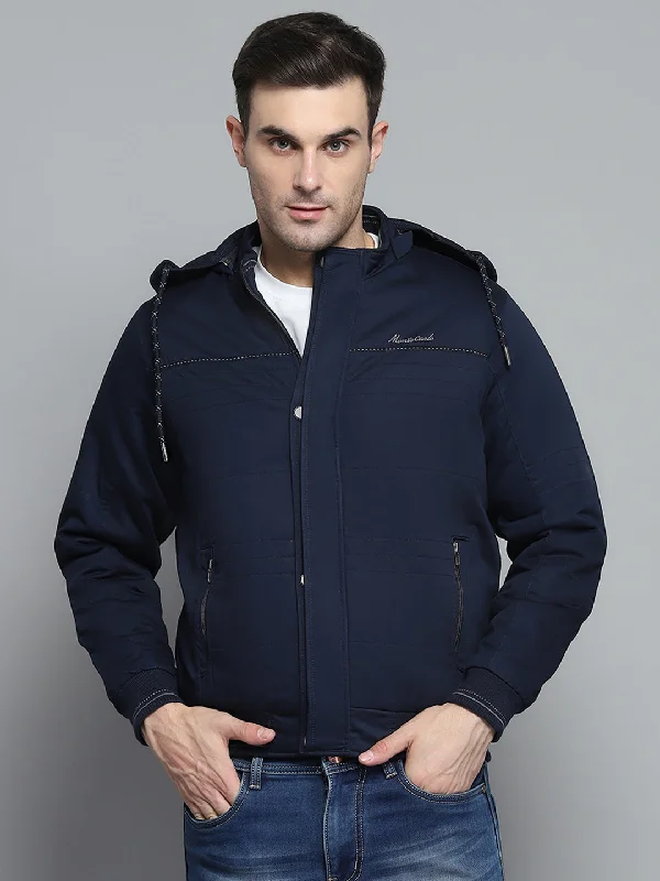 Men's breathable casual jacket-Men Navy Blue Solid Detachable Hood Full Sleeve Jacket