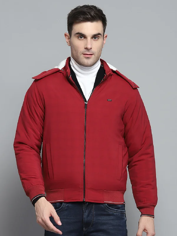 Men's antibacterial softshell jacket-Men Red Solid Detachable Hood Full Sleeve Jacket