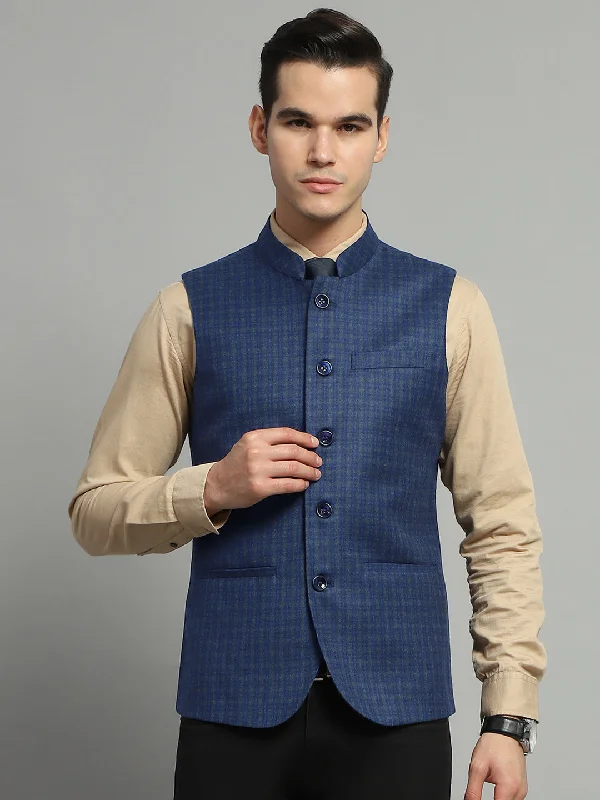 Men's comfortable utility jacket-Men Blue Solid Band Collar Sleeveless Jacket