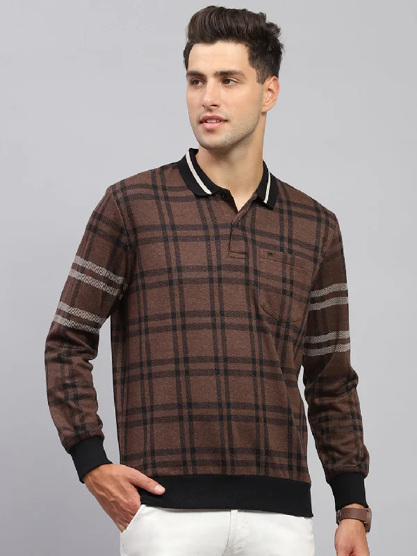 Men Brown Check Collar Full Sleeve Winter T-Shirt