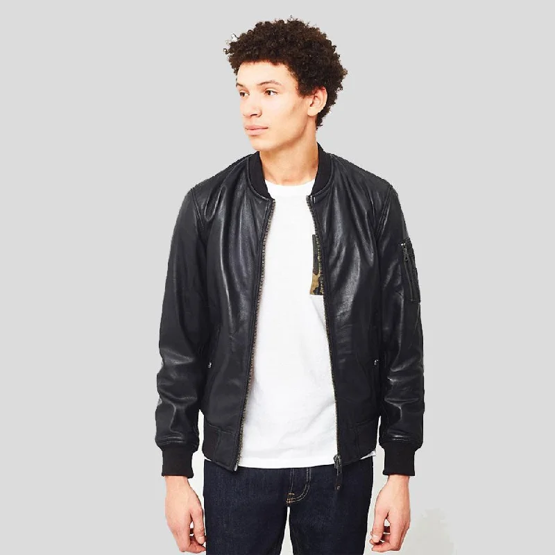 Men's eco-conscious trench coat-Leon Black Bomber Genuine Leather Jacket