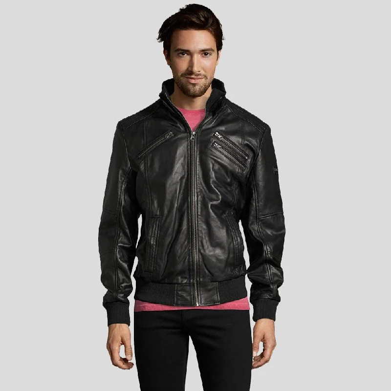 Men's tech-fabric utility jacket-Mike Black Bomber Leather Jacket