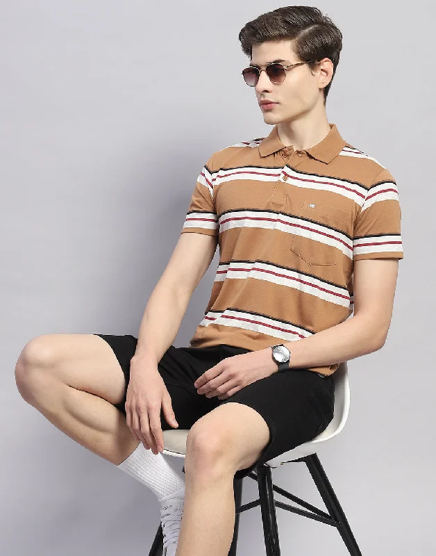 Men Brown Stripe Polo Collar Half Sleeve T-Shirt