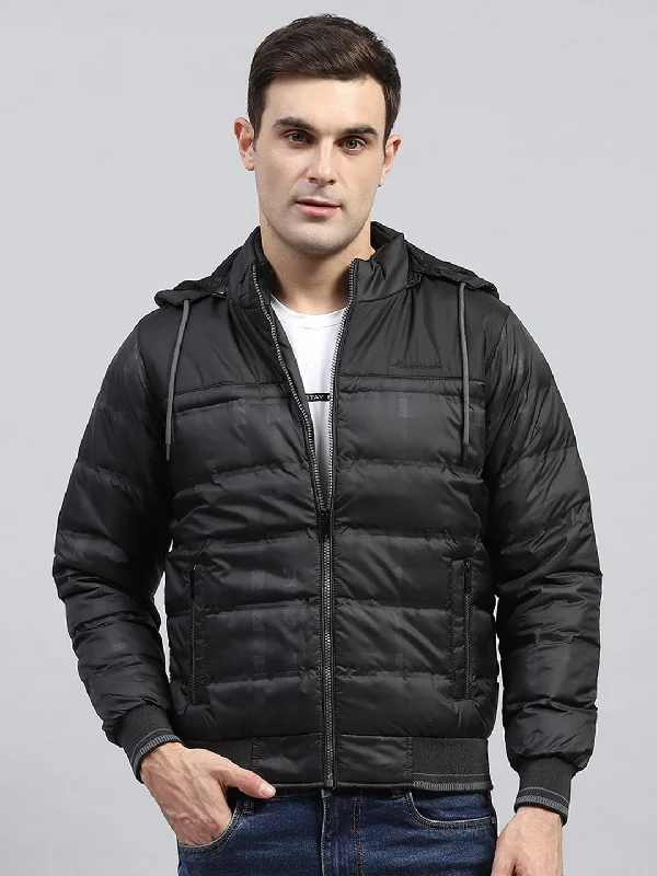 Men's fashion-forward trench coat-Men Black Self Design Detachable Hood Full Sleeve Jacket