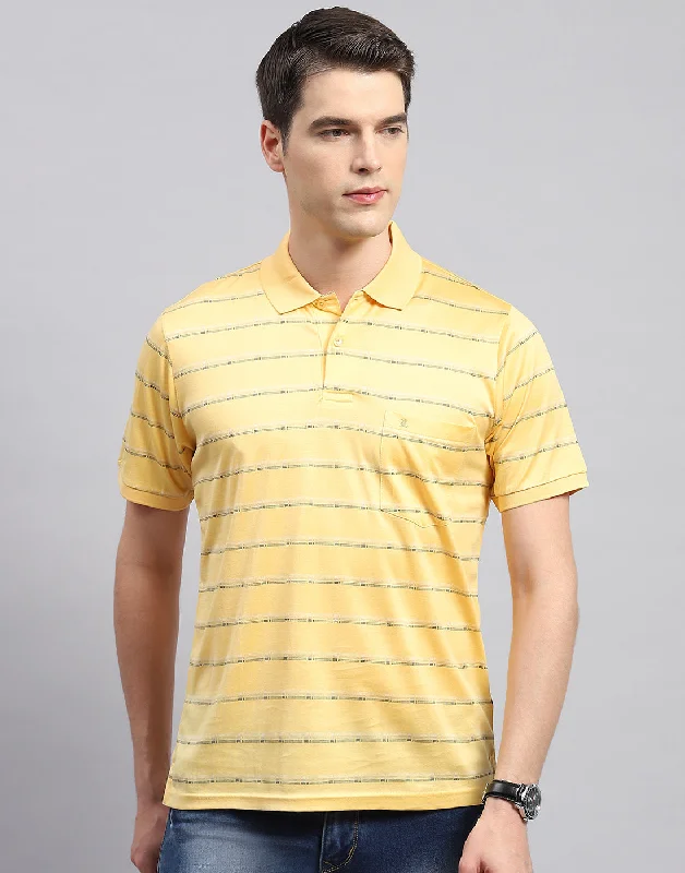 Men Yellow Stripe Polo Collar Half Sleeve T-Shirt